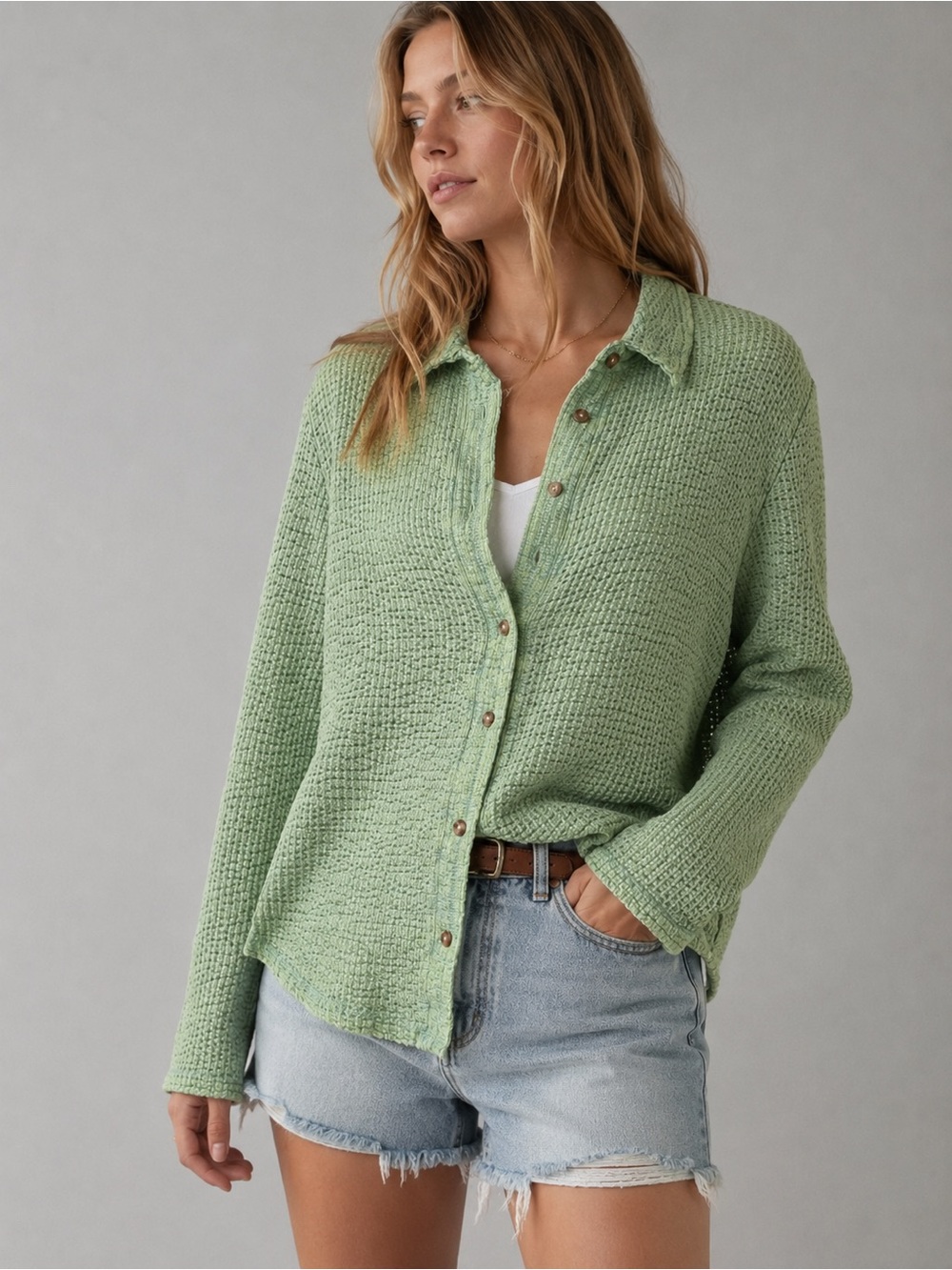 NWOT BUCKETLIST Green Textured Button Front Shacket Shirt Jacket Top Small Boho